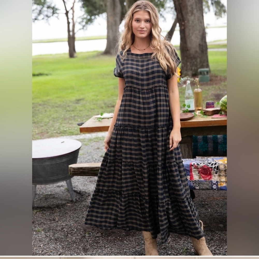 Natural Life Berkley Navy Tan Plaid Maxi